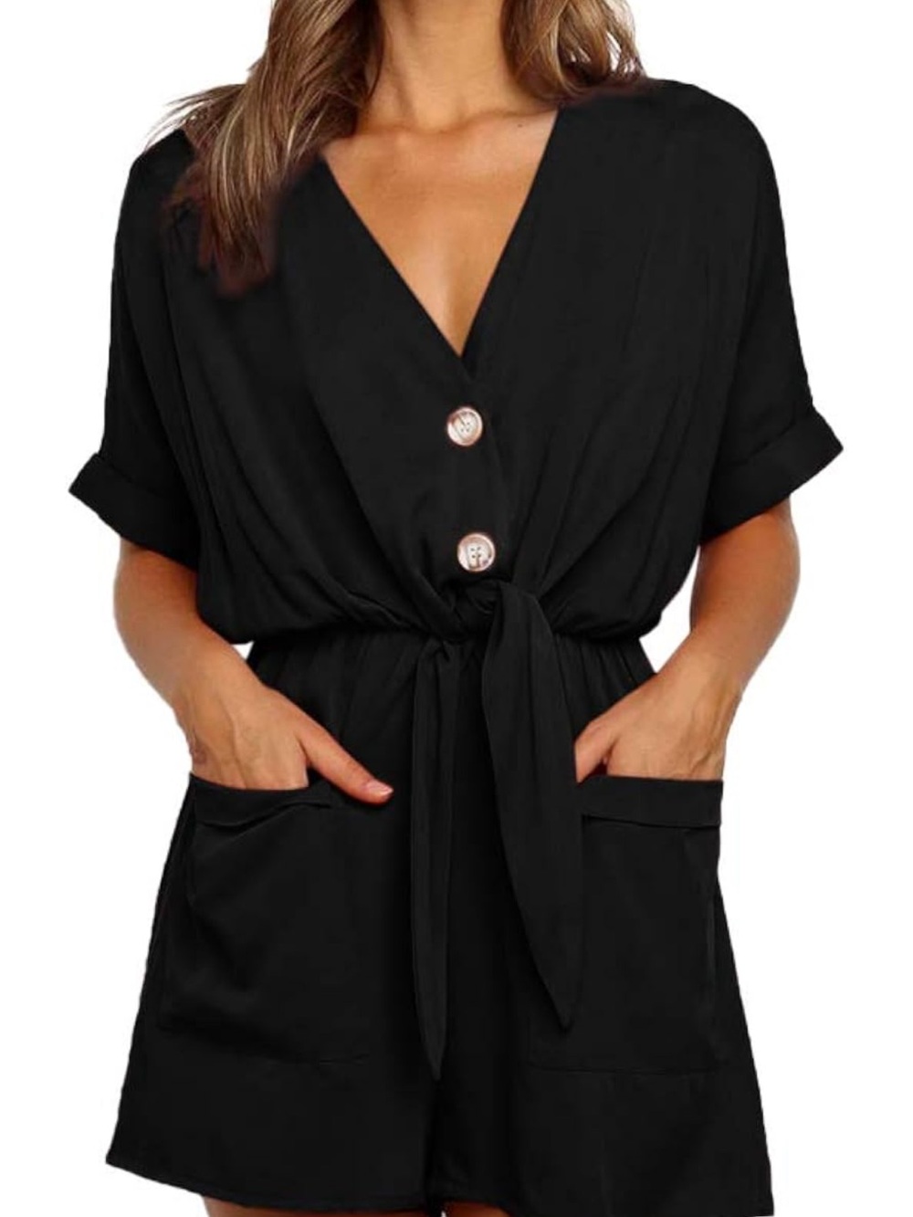 Amazon Black V-Neck Short Sleeve Tie-Waist Romper